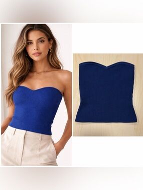Babaton Strapless Knit Top Blue Ribbed Tube Top Size XS